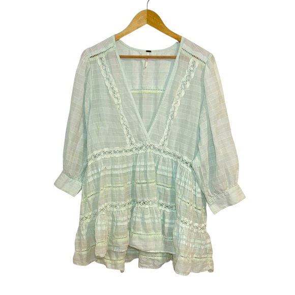 Free People Time Out Plaid Lace Trim Tunic, 
super subtle green hue, Medium - Picture 1 of 8